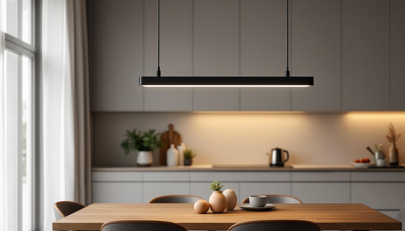 A photograph of a stylish black linear pendant light elegantly hung over a modern dining table