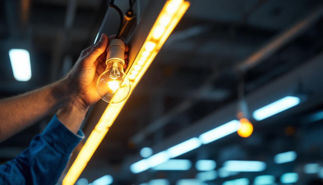 A photograph of a close-up shot of an 8ft led replacement bulb being installed in a commercial lighting fixture