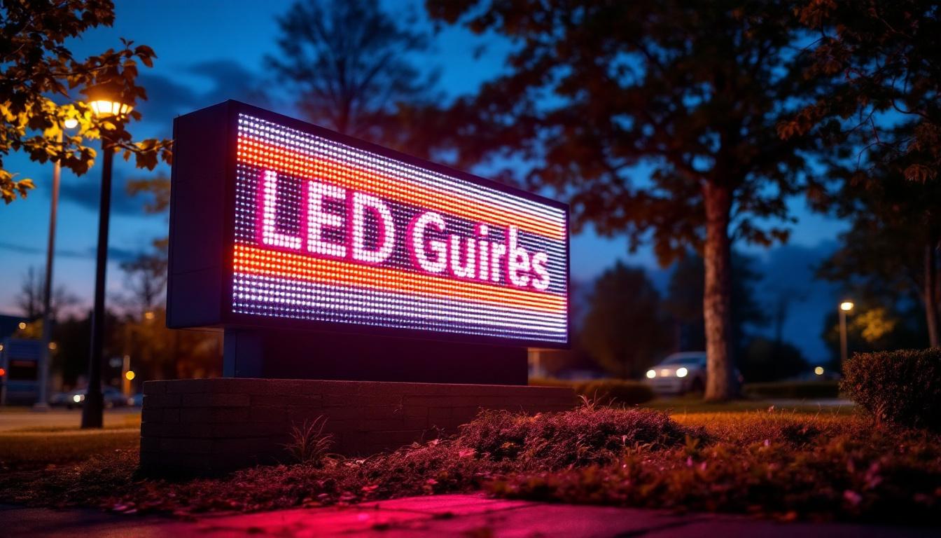 A photograph of a well-lit outdoor sign featuring vibrant led lighting at dusk