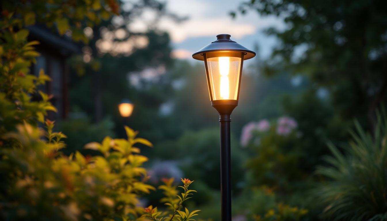 A photograph of a beautifully illuminated solar-powered garden lamp post in a lush garden setting at dusk