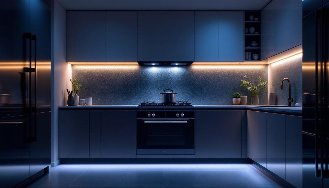 A photograph of a sleek kitchen with led strip lighting installed under the cabinets