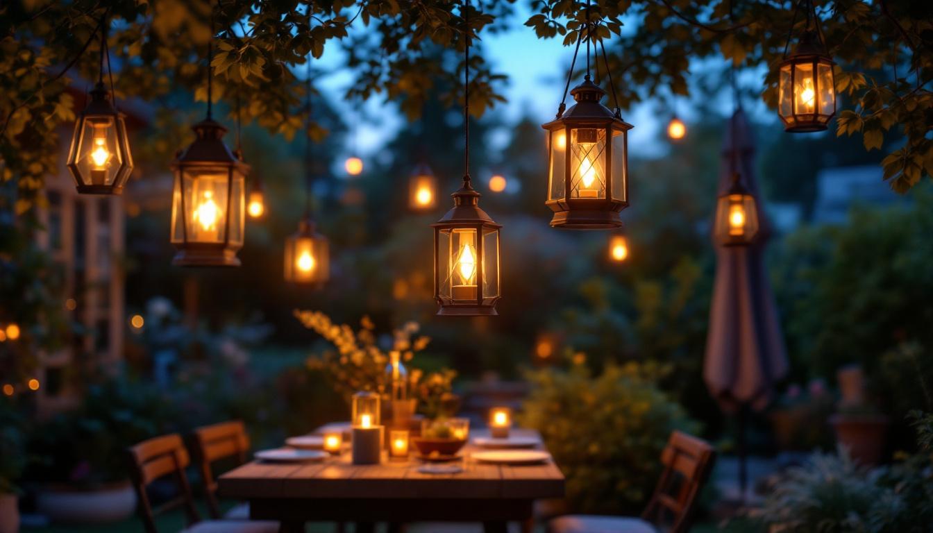 A photograph of a beautifully arranged outdoor scene featuring various all-weather lanterns hanging in a garden or patio setting