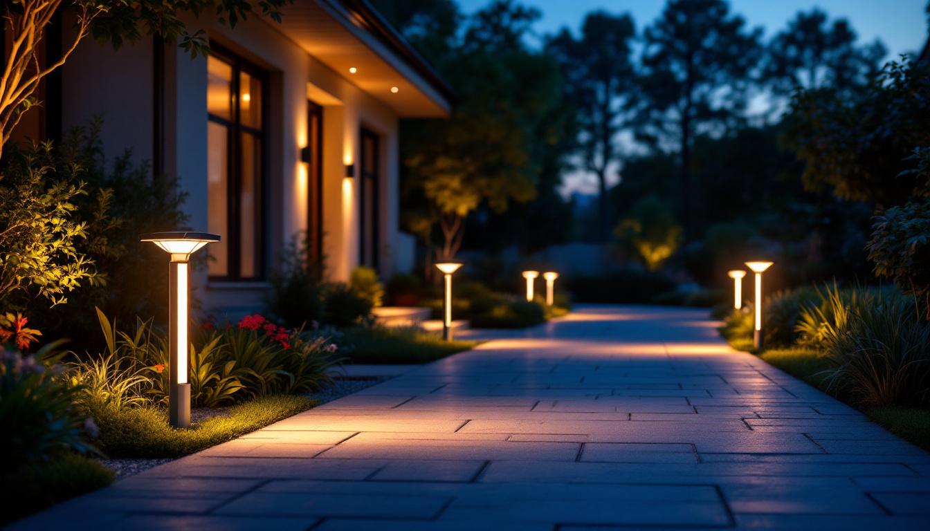 A photograph of a beautifully illuminated driveway at dusk