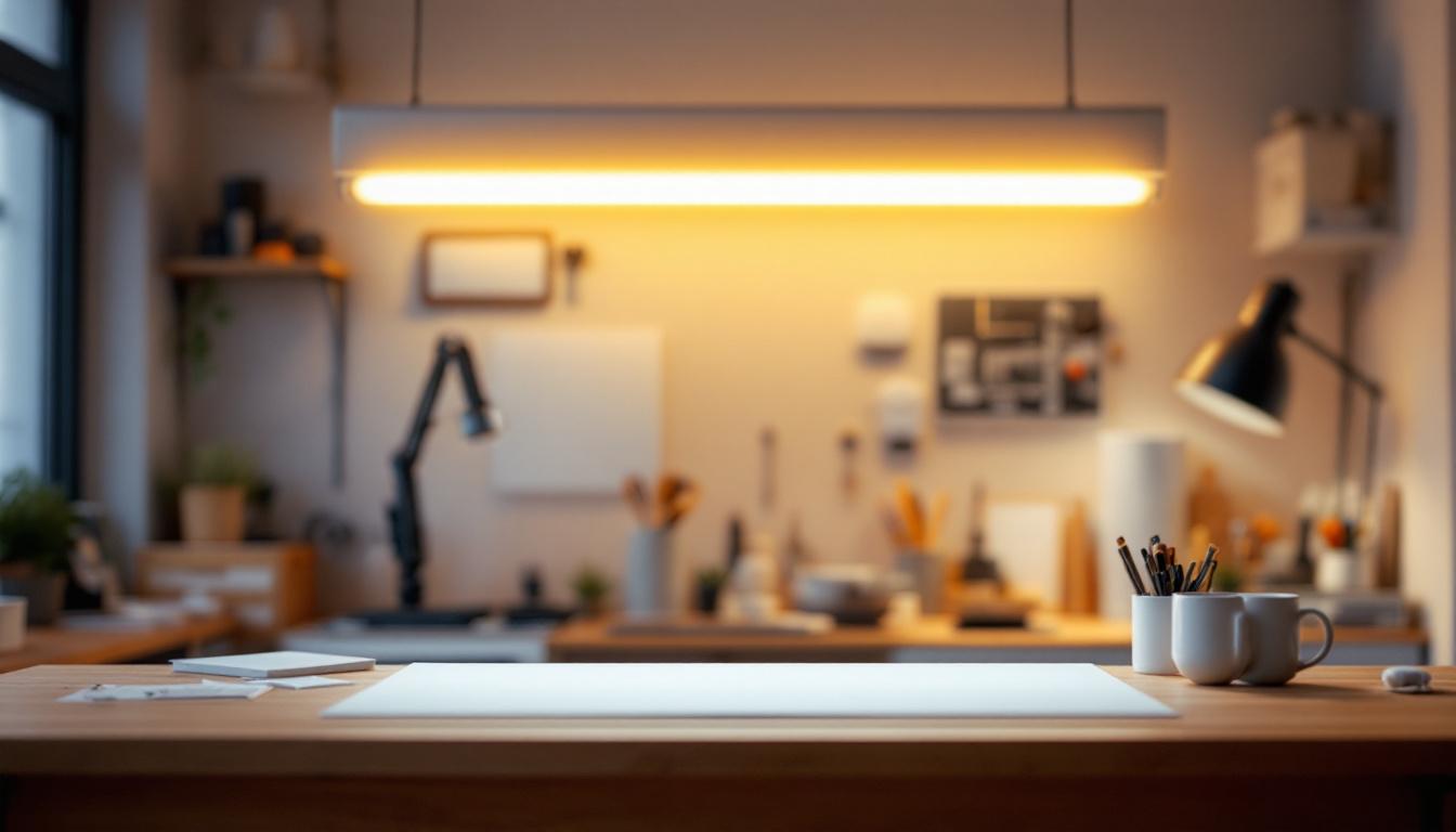 A photograph of a well-lit workspace featuring a 4-foot t12 led bulb installed in a fixture