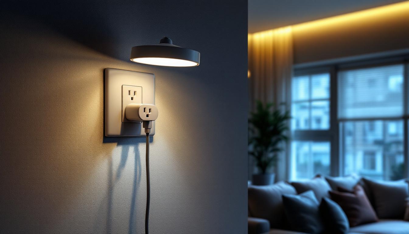 A photograph of a stylish light fixture with an integrated power outlet installed in a modern living space