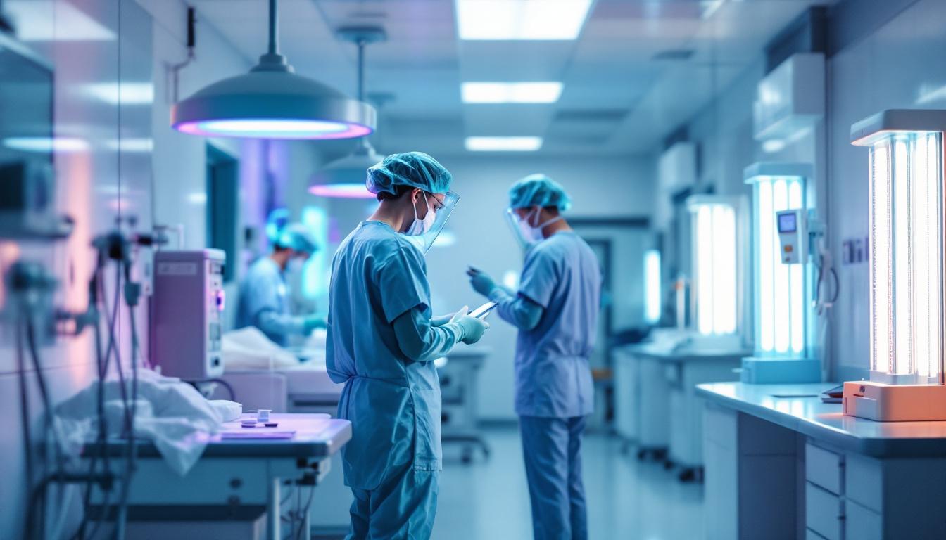A photograph of a hospital environment where uv light disinfection systems are actively in use