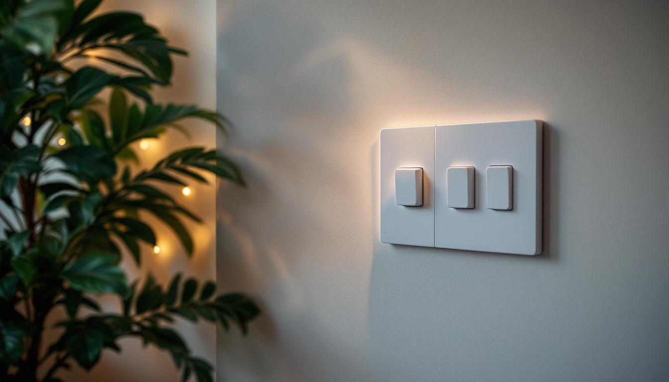 A photograph of a well-lit room featuring a stylish electric switch wall with various types of switches and dimmers