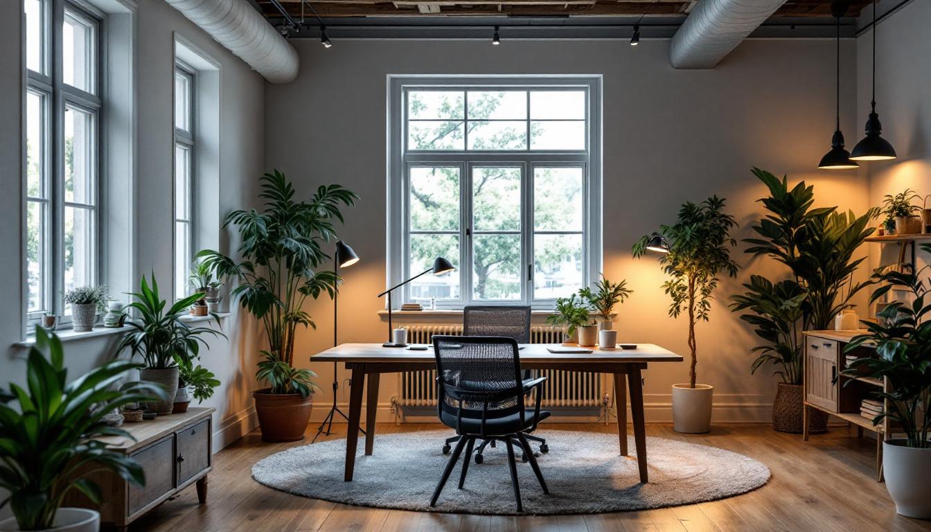 A photograph of a well-designed small office space featuring a variety of lighting options