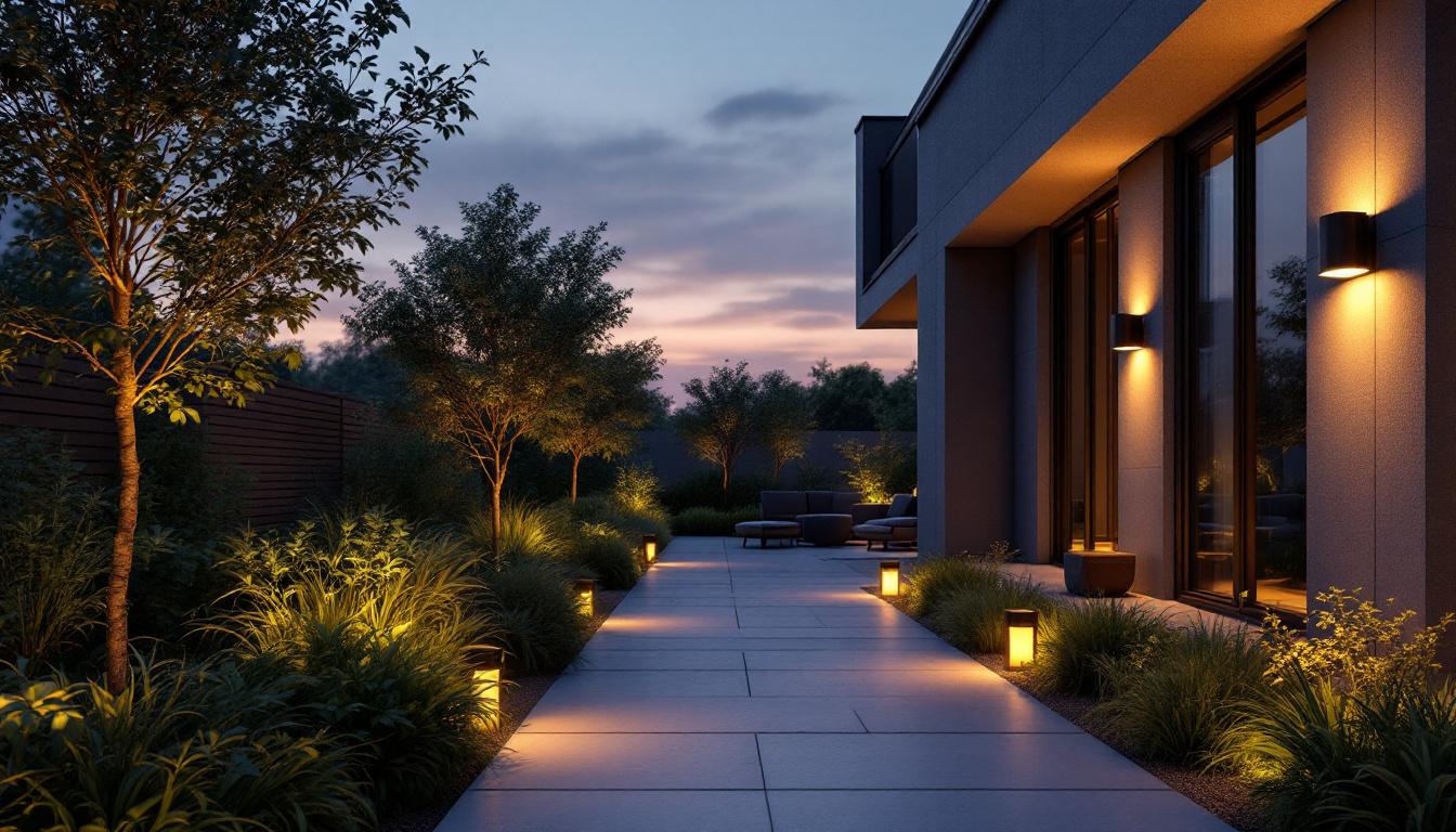 A photograph of a modern outdoor space illuminated by stylish solar-powered lights at dusk