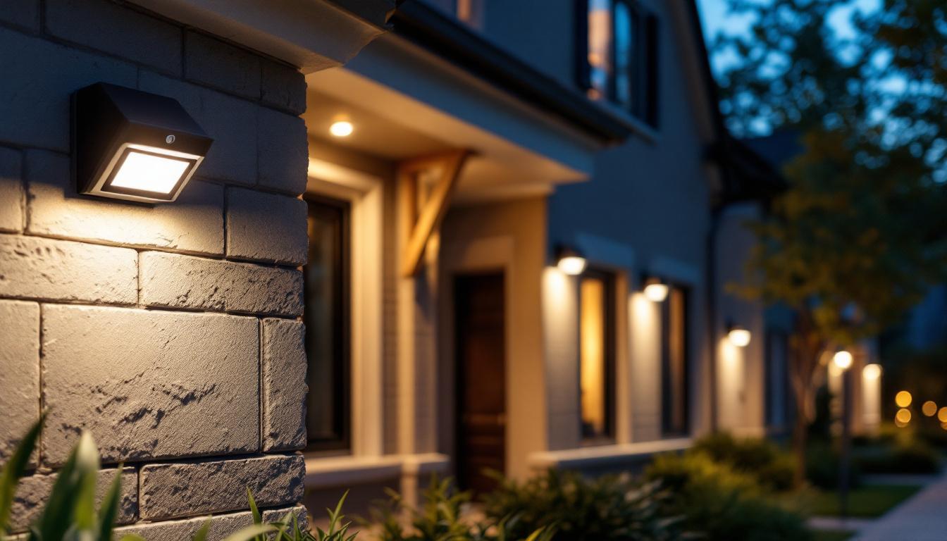 A photograph of a well-lit outdoor setting showcasing various stylish motion sensor security lights installed in a residential area