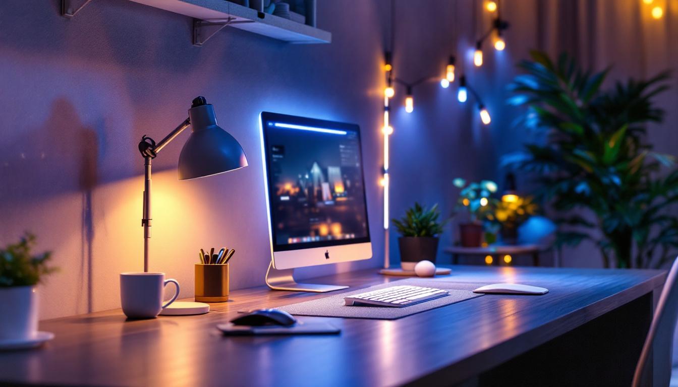 A photograph of capture a photograph of a well-lit workspace featuring various led strip light mounting channels installed in different settings