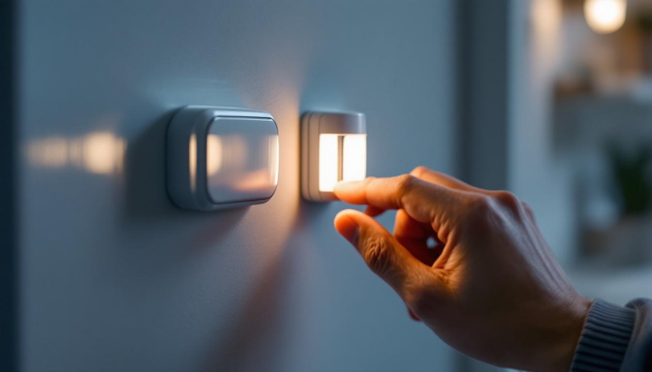 A photograph of a close-up view of a motion detector light switch being adjusted