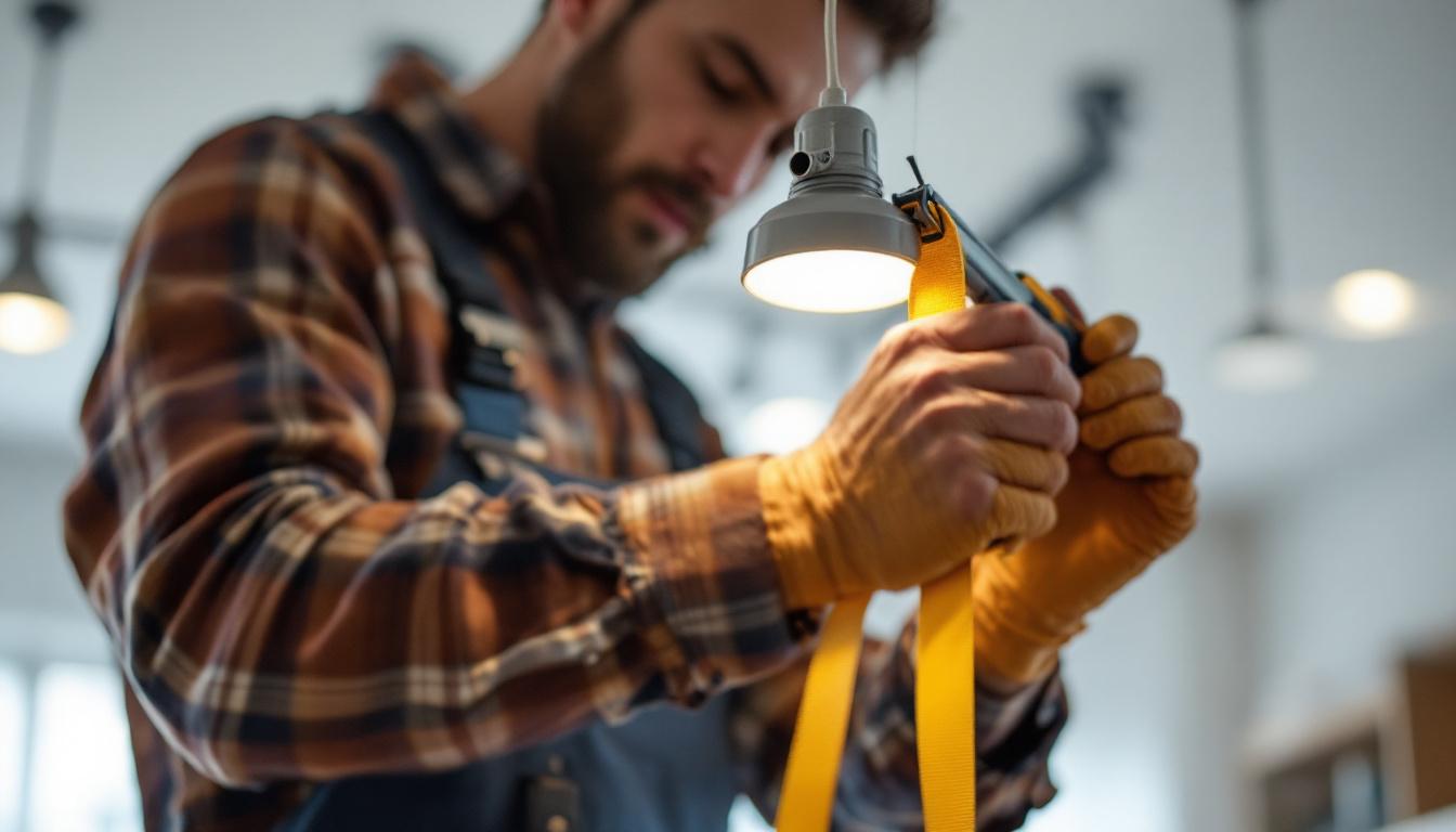 A photograph of a skilled electrician or lighting designer using conduit pull tape to efficiently install lighting fixtures in a modern space