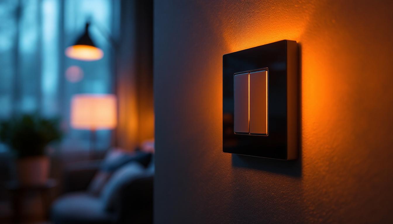 A photograph of a modern electrical outlet and switch setup in a well-lit room