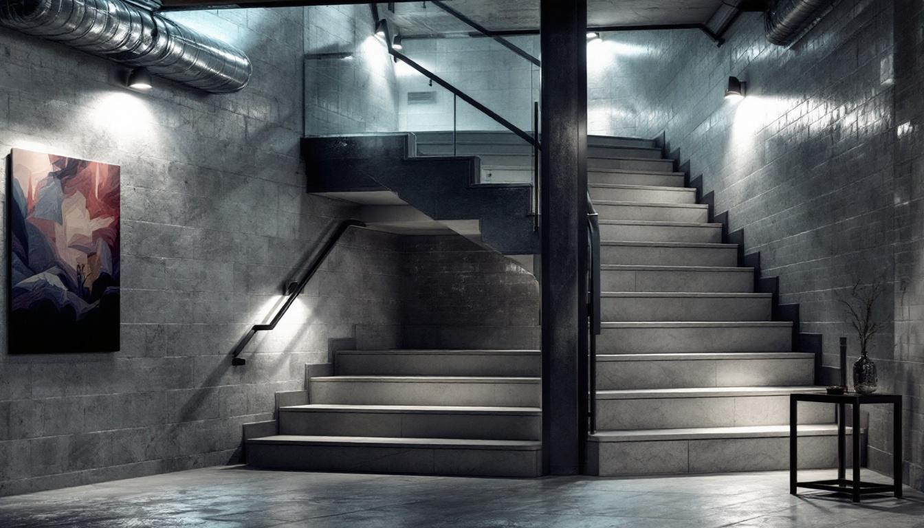 A photograph of a well-lit basement staircase that highlights the effective use of lighting fixtures