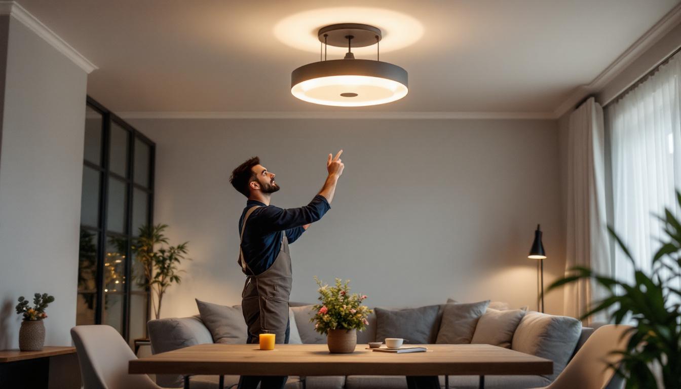 A photograph of a stylish semi-flush mount light fixture installed in a modern living space
