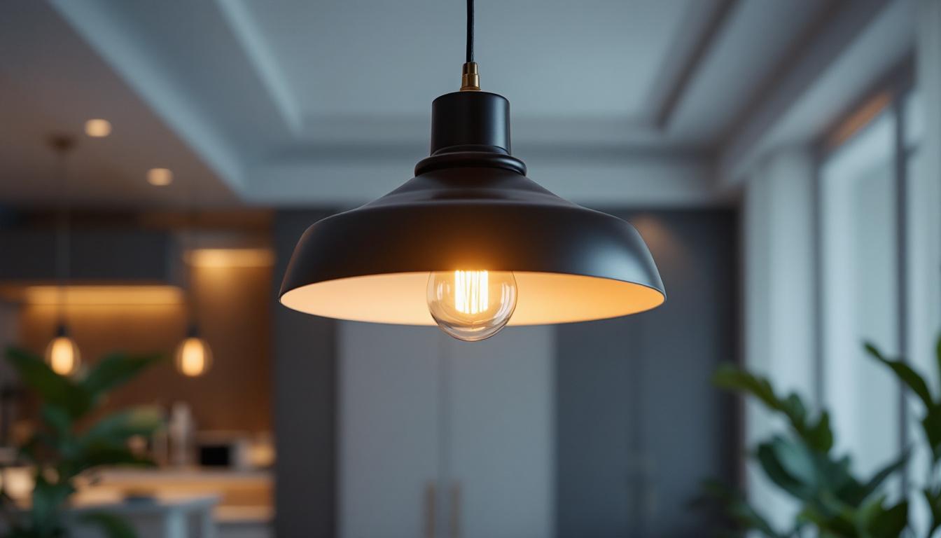 A photograph of a stylish pendant light fixture elegantly hanging in a modern interior setting