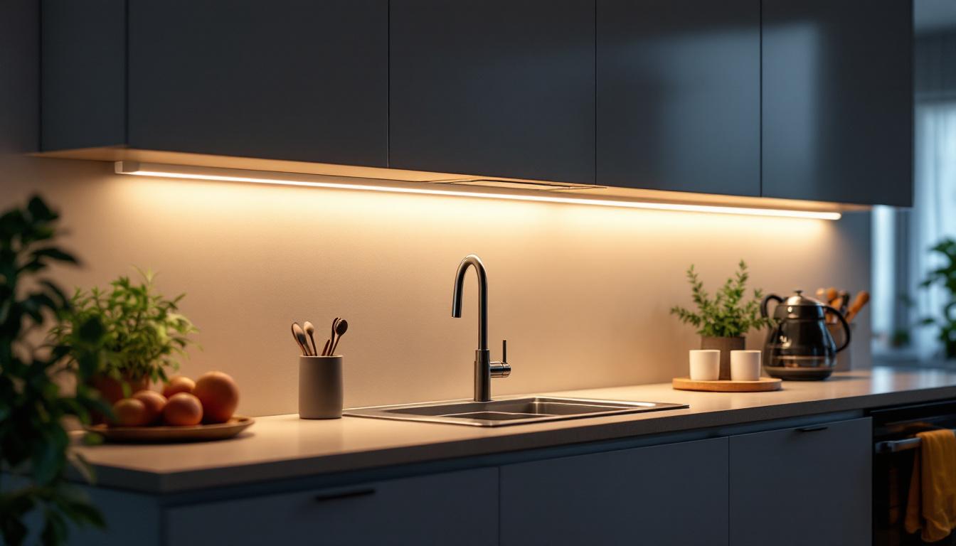 A photograph of a sleek under cabinet lighting track installed in a modern kitchen setting