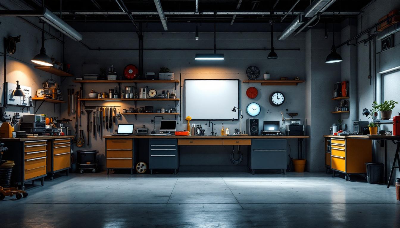 A photograph of a well-lit garage showcasing various custom lighting setups