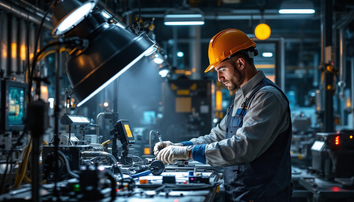 A photograph of a modern industrial lighting setup in an electrical engineering environment