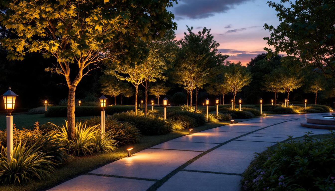 A photograph of a beautifully illuminated outdoor space featuring various light post designs