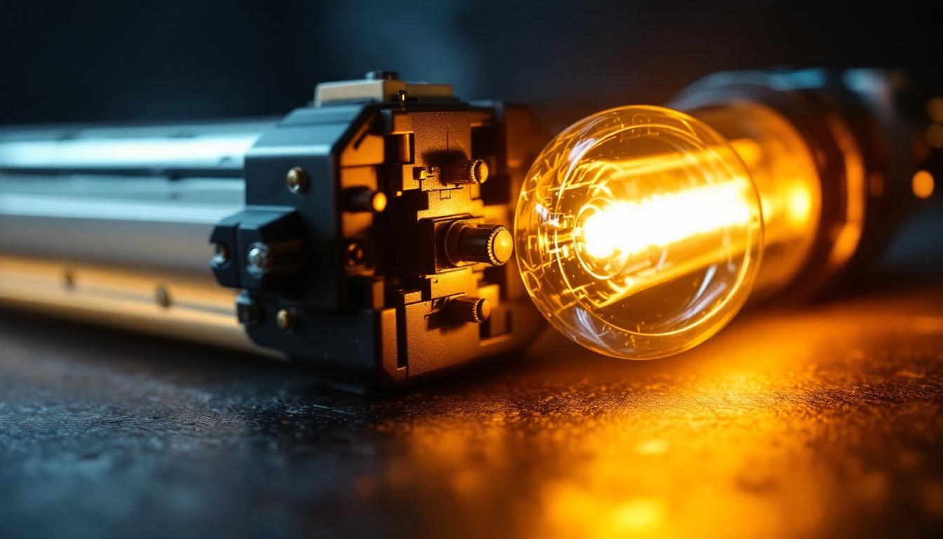 A photograph of a close-up view of a t8 ballast alongside a lit t8 tube in a well-lit environment