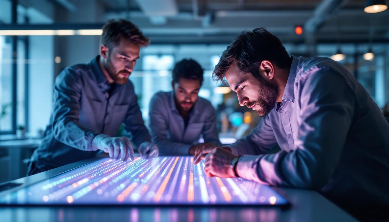 A photograph of a close-up shot of a flat led panel being examined by engineers in a modern workspace