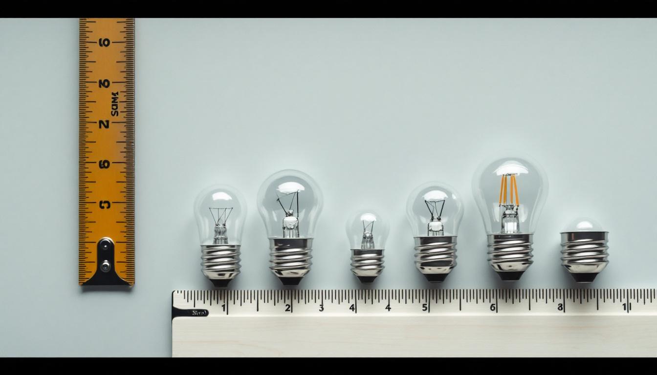 A photograph of a close-up shot of various light bulb bases alongside a measuring tape