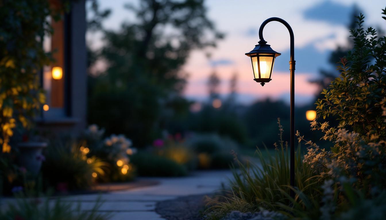 A photograph of a beautifully designed shepherd hook light illuminating a serene outdoor setting at dusk