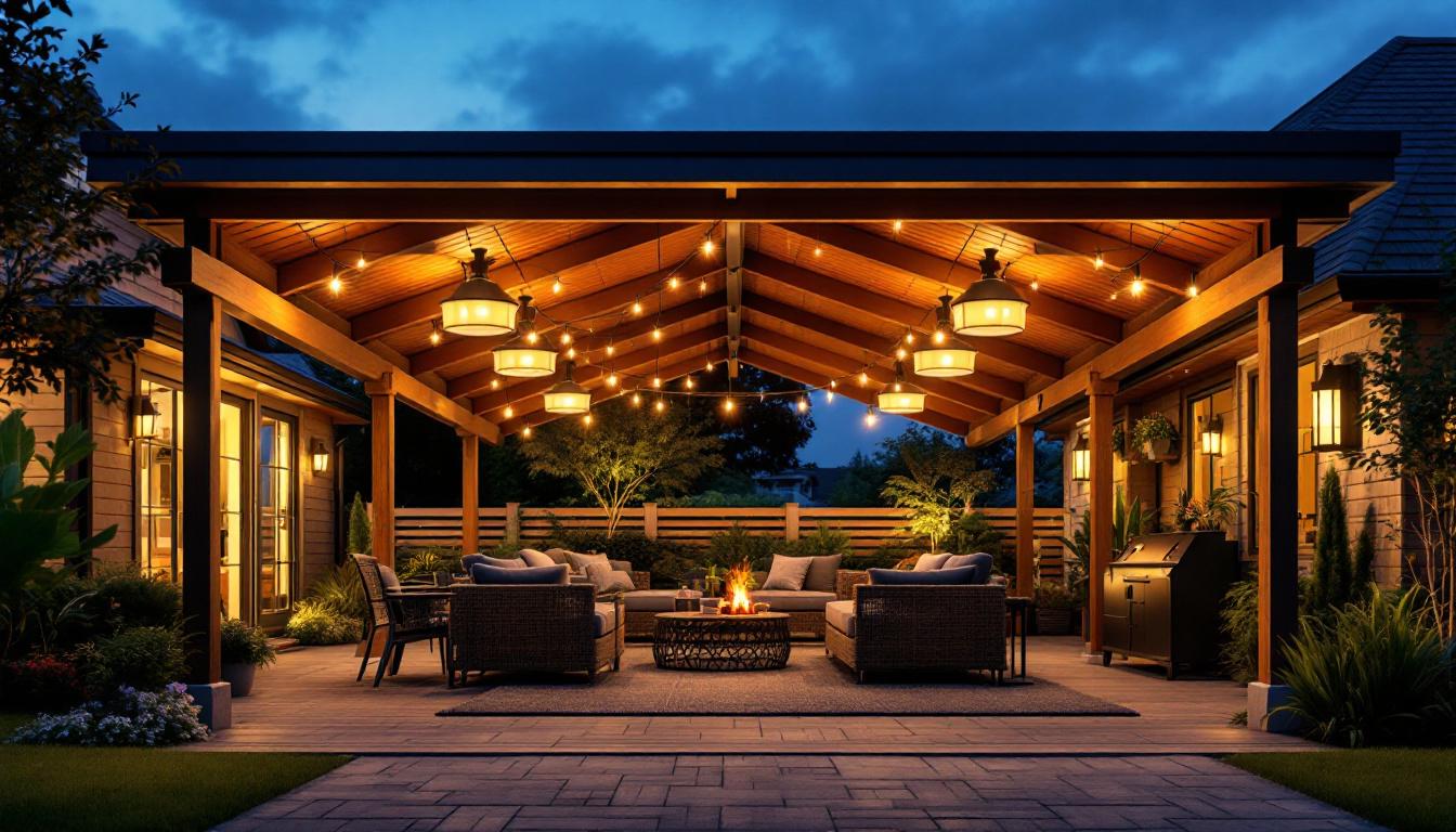 A photograph of a beautifully illuminated outdoor carport at dusk
