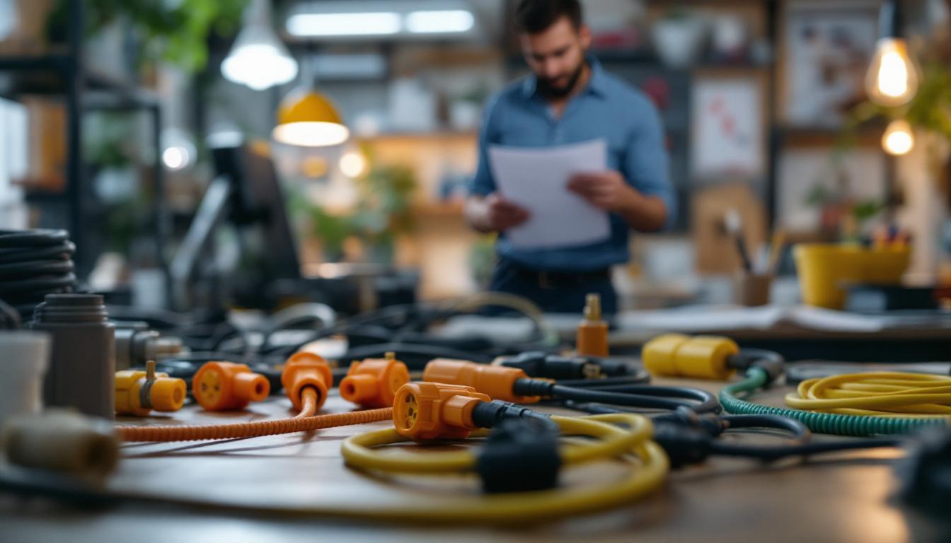A photograph of a well-organized workspace featuring various types of electrical cords and connectors used for lighting