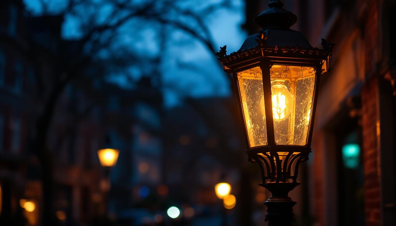 A photograph of a beautifully restored antique gas street lamp illuminated at dusk