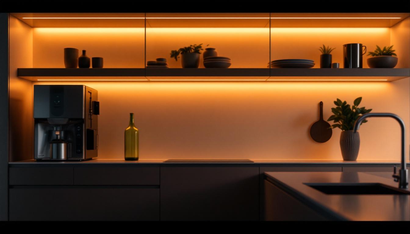 A photograph of a beautifully illuminated kitchen cabinet showcasing sleek led lighting