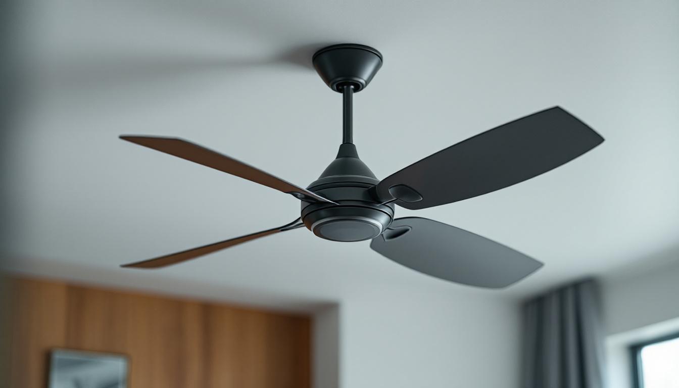 A photograph of a stylish ceiling fan with sleek metal blades installed in a modern