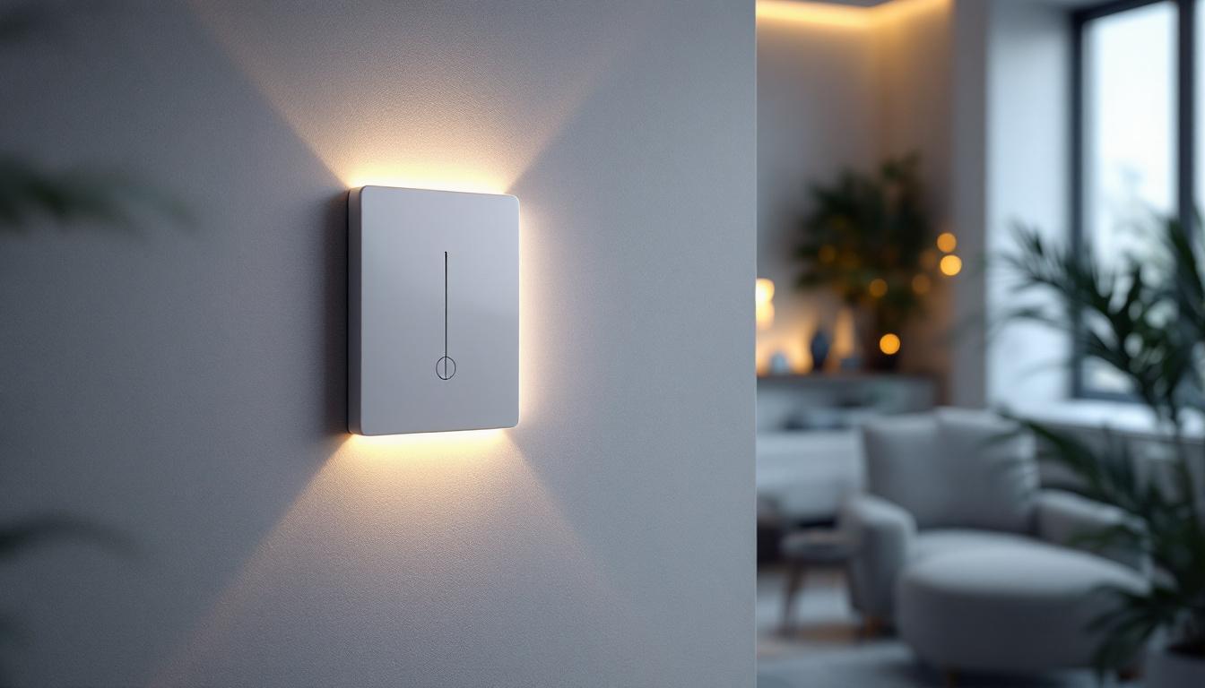 A photograph of a modern smart wall switch in an elegantly designed home setting