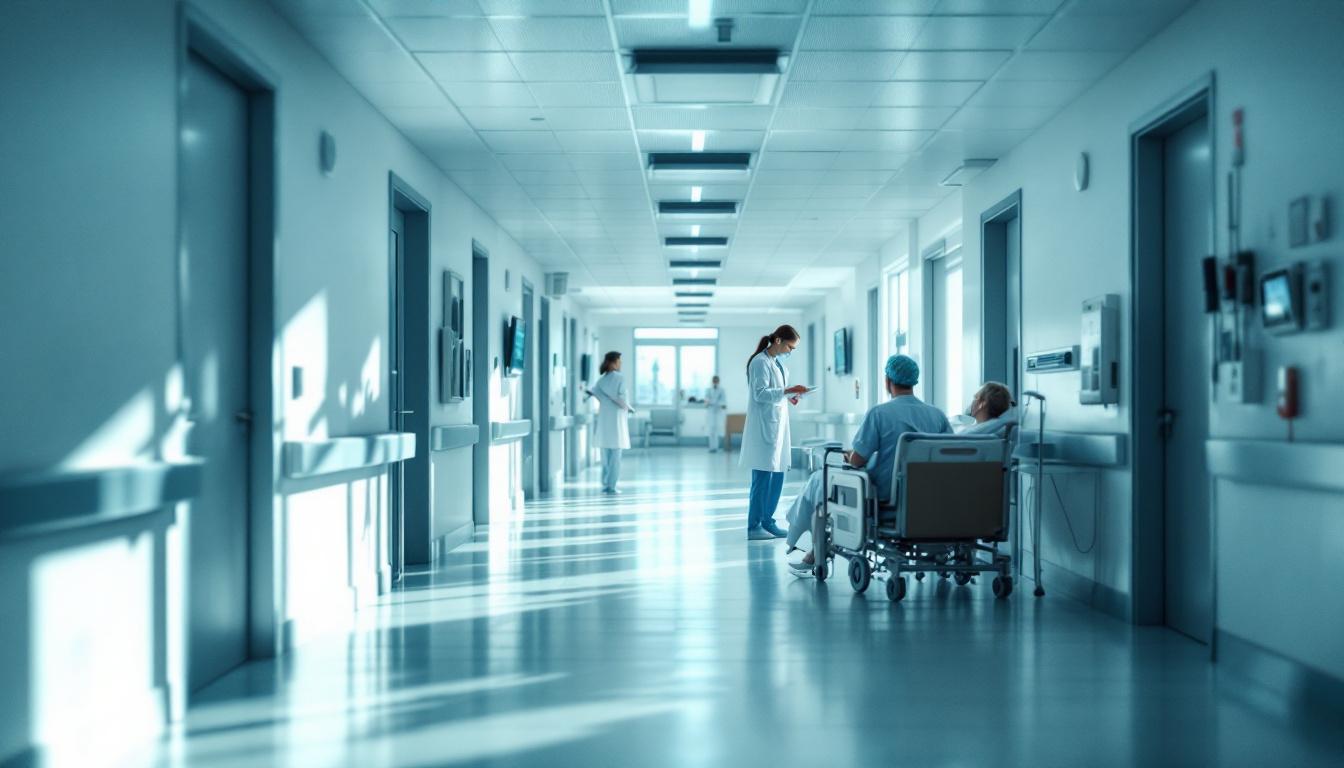 A photograph of a well-lit hospital corridor showcasing the contrast between natural and artificial lighting