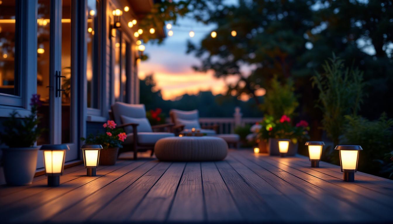A photograph of a beautifully illuminated outdoor deck at dusk