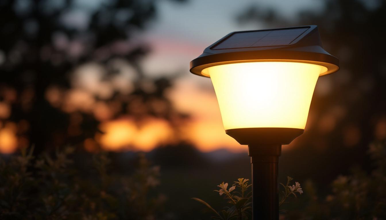 A photograph of a solar lamp illuminated at dusk