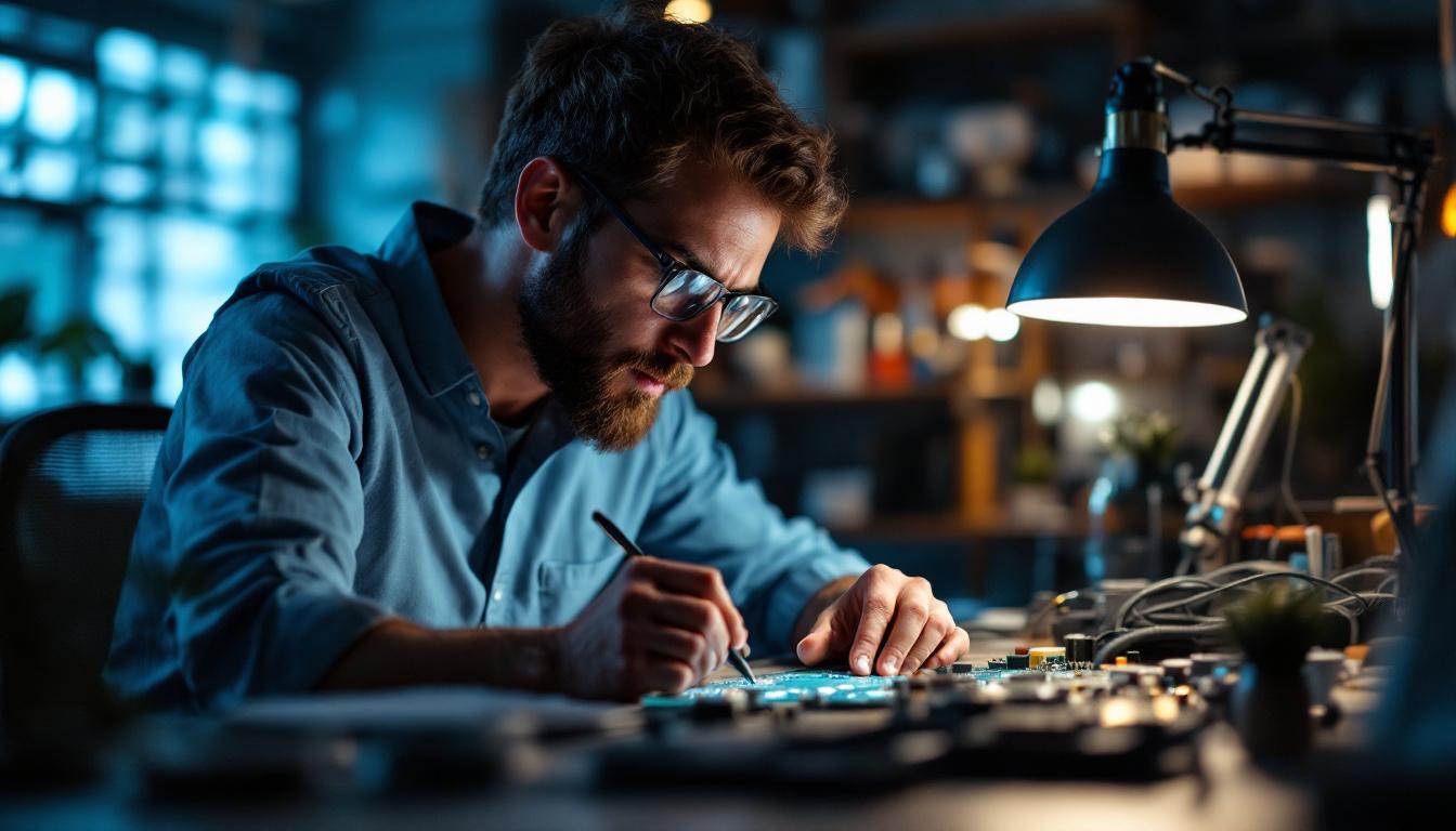 A photograph of a well-lit workspace featuring an electrical engineer analyzing a circuit board under bright 5000 k lighting