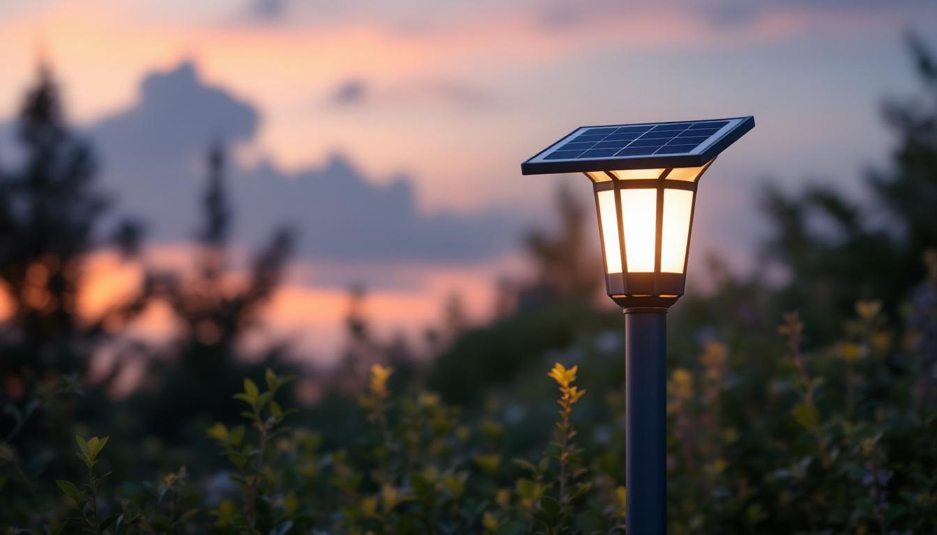 A photograph of a beautifully designed solar-powered outdoor lamp post