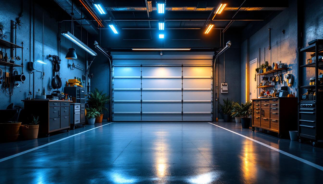 A photograph of a well-lit garage featuring various led lighting options