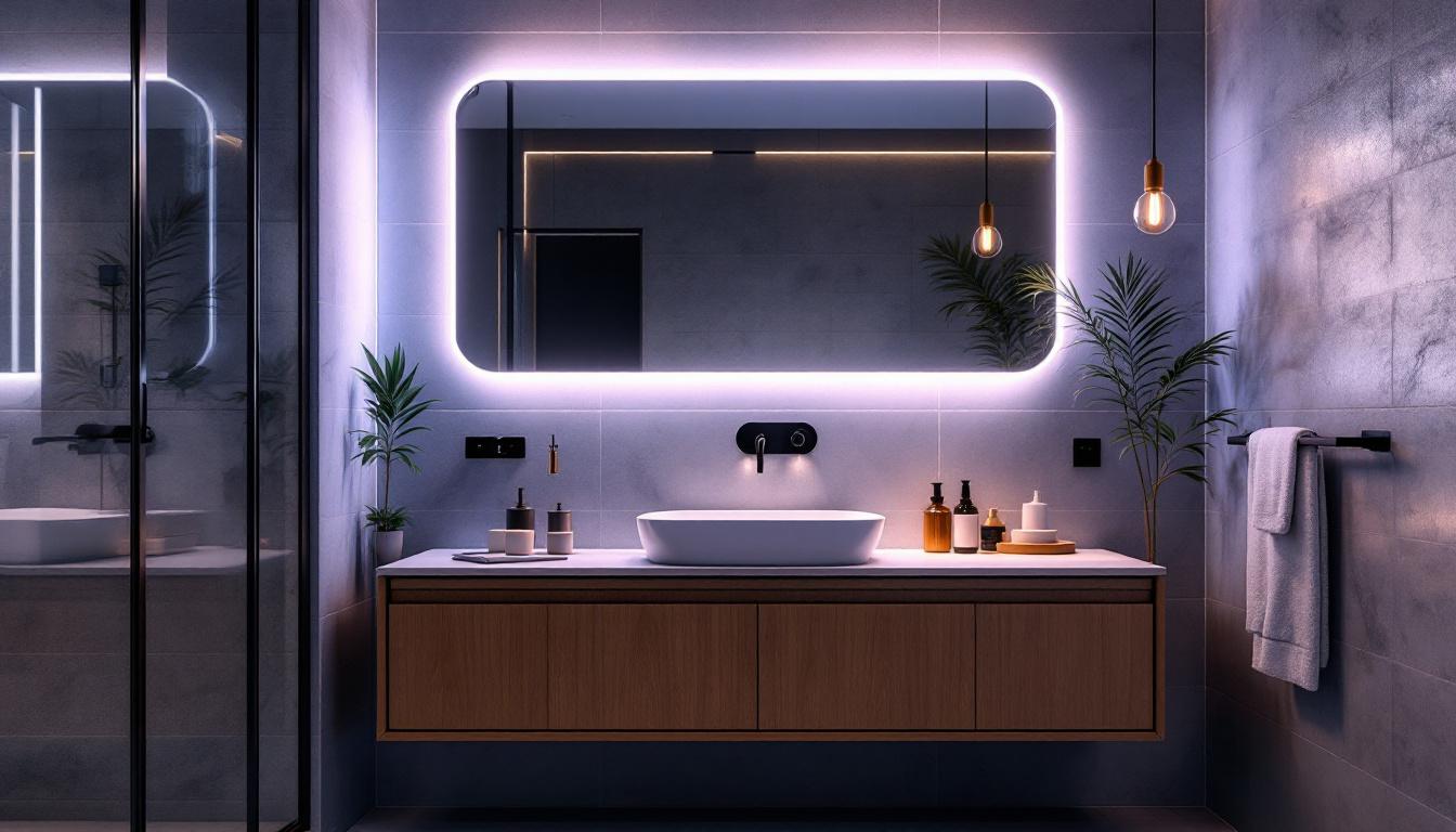 A photograph of a stylish industrial bathroom featuring a modern vanity illuminated by sleek
