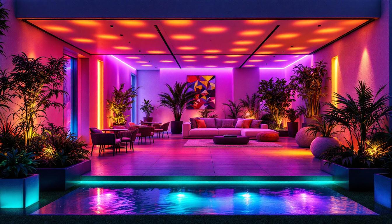 A photograph of a beautifully designed outdoor space illuminated with vibrant rgb lighting