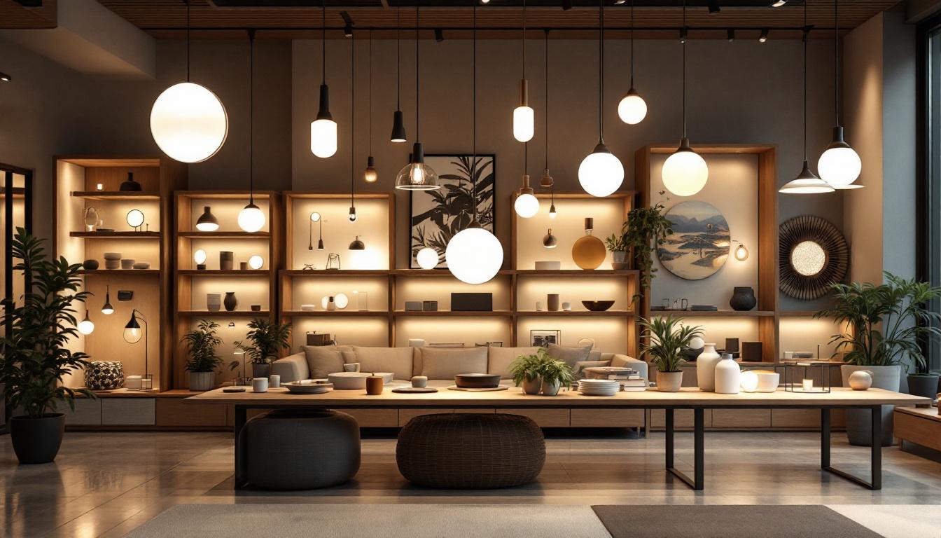A photograph of a modern retail space showcasing a variety of innovative lighting fixtures