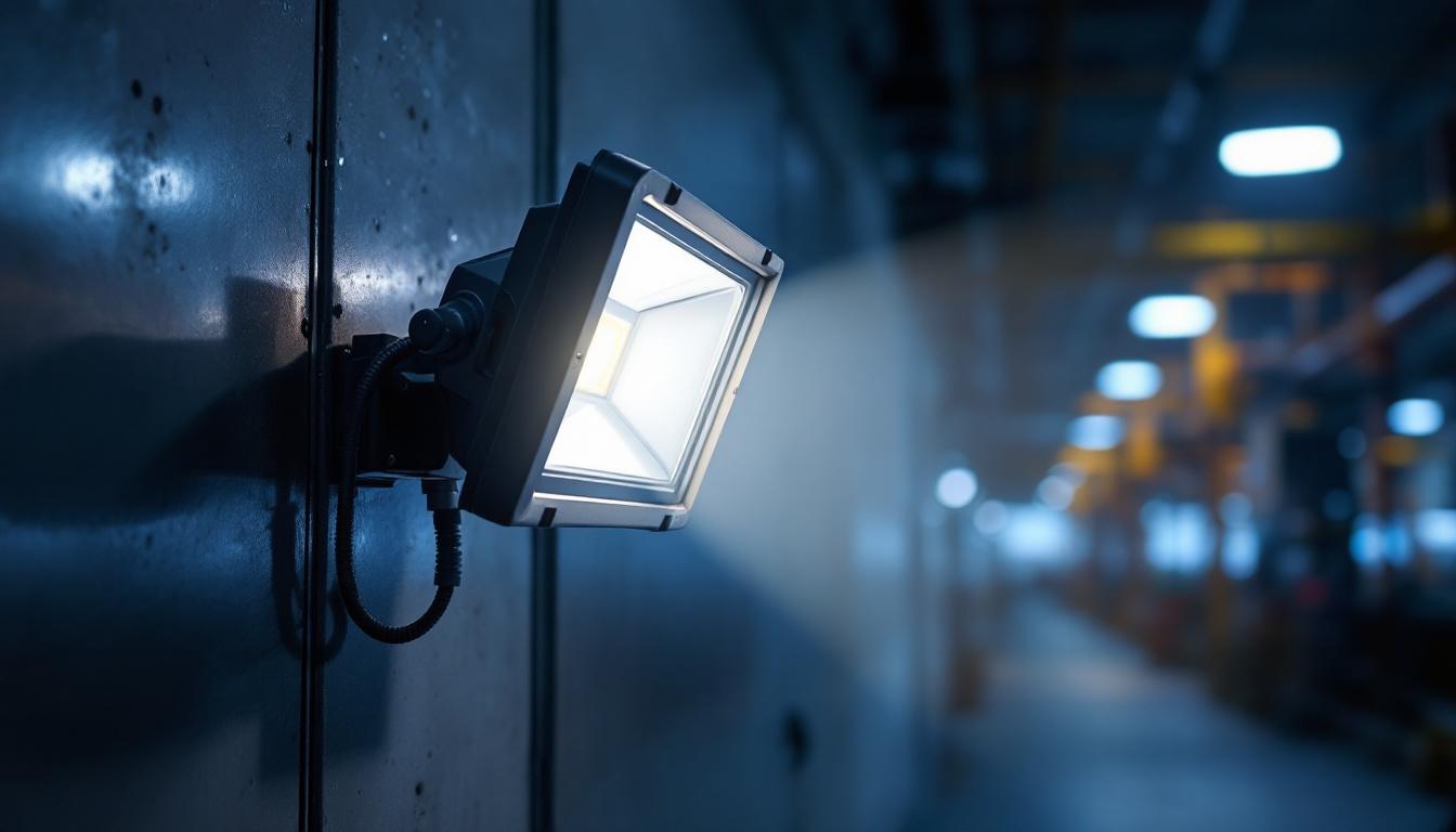 A photograph of a motion-detecting floodlight illuminating an industrial setting
