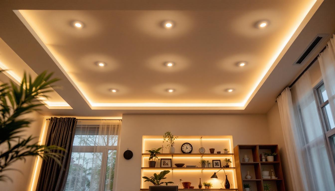 A photograph of a beautifully designed room featuring modern recessed led lights