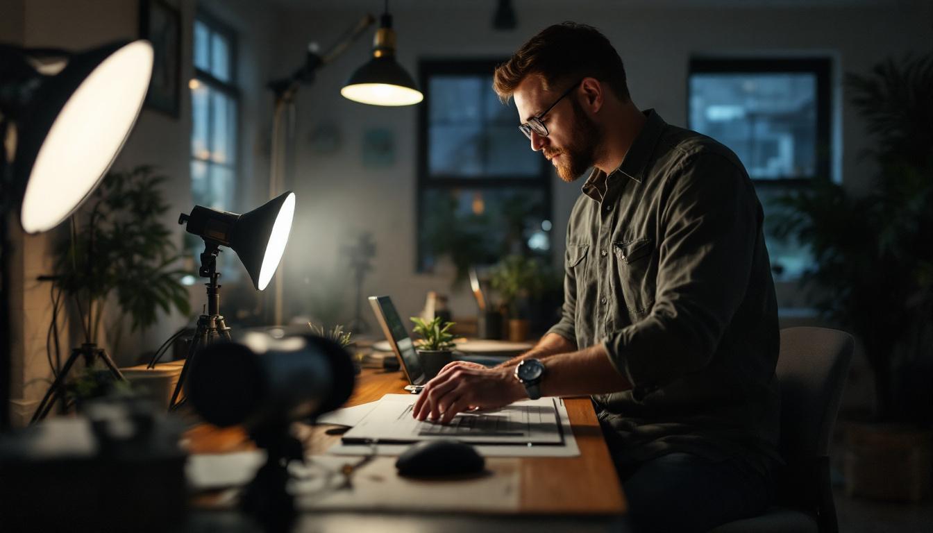 A photograph of a well-lit workspace featuring various lighting setups