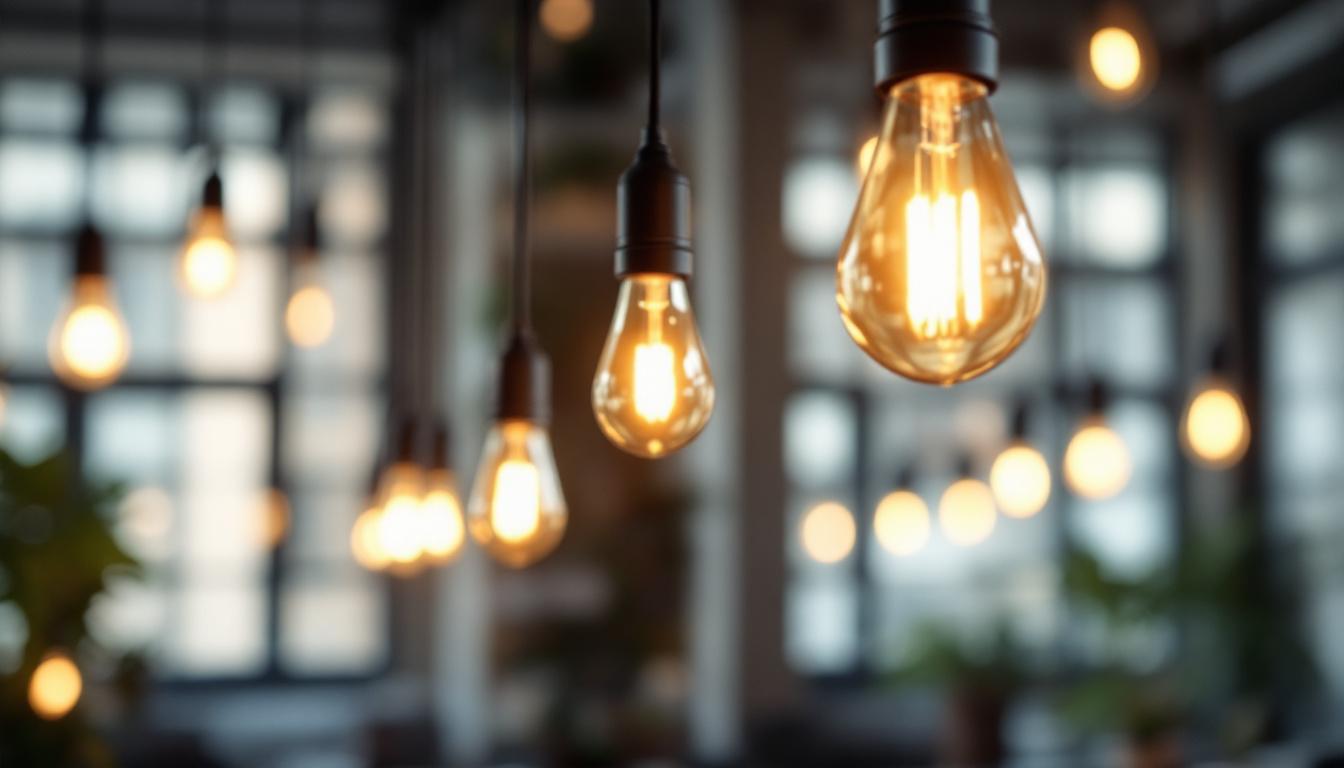 A photograph of a well-designed lighting installation featuring 60 watt type b bulbs in a modern space