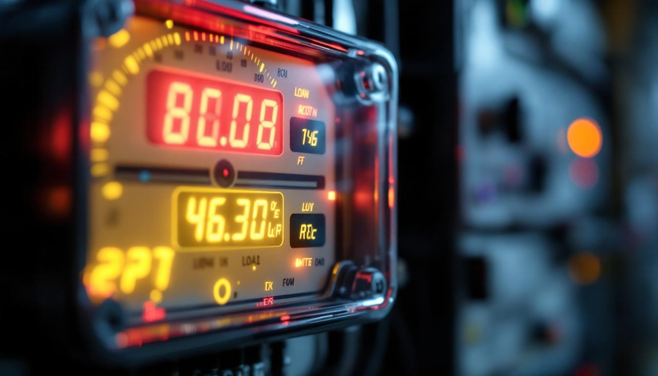 A photograph of a close-up of an electrical load meter displaying various readings
