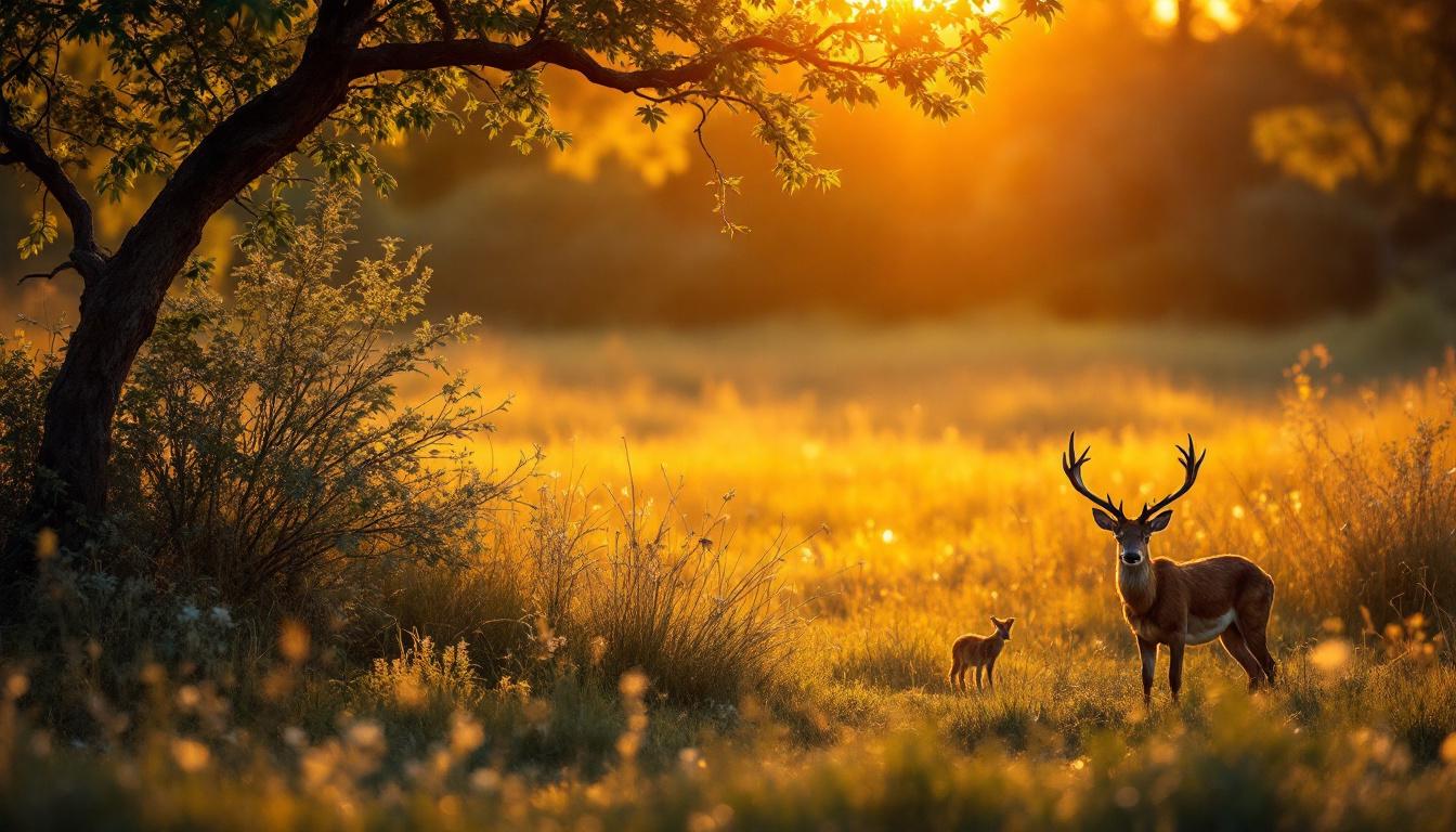 A photograph of a serene wildlife scene illuminated by natural light during the golden hour